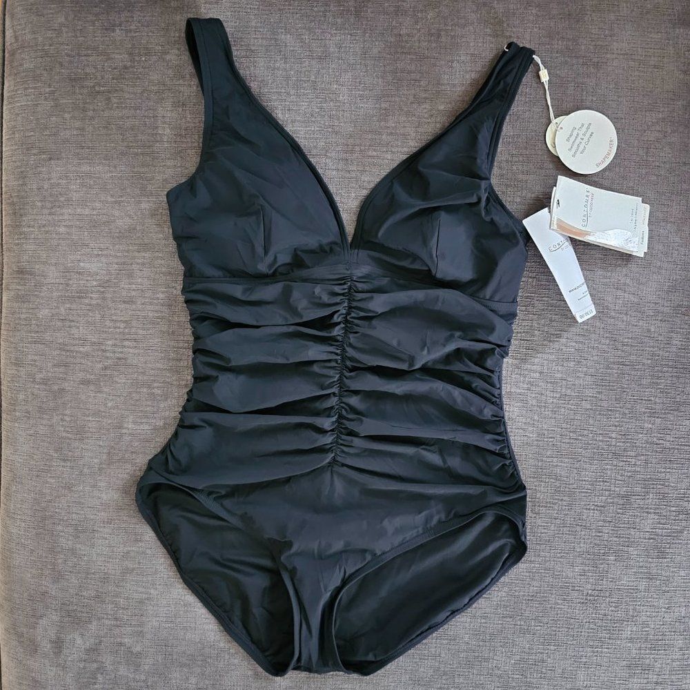 Contours Women's Black V-Neck Bra Sized Underwire 1-Piece Swimsuit Size 16 - Picture 4 of 14